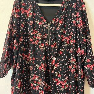 Siren Lily Black and Red Floral Zipper Blouse